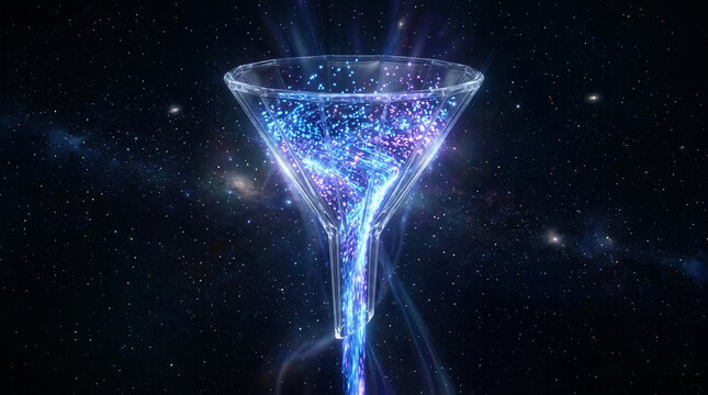 Glass funnel processing luminous particles against a starry galaxy background, symbolizing data filtration, scientific research, or cosmic transformation
