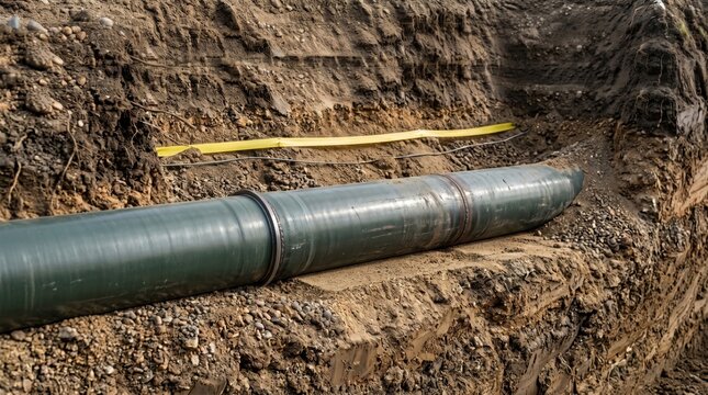 Large utility pipeline laid in open trench with yellow warning tape during municipal water supply or sewage construction. Underground city pipes and repair works concept
