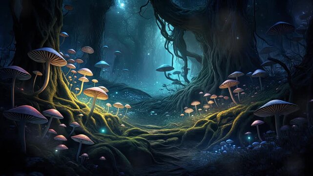 Enchanted Forest Mushroom Clearing at Night, Bioluminescent Fungi