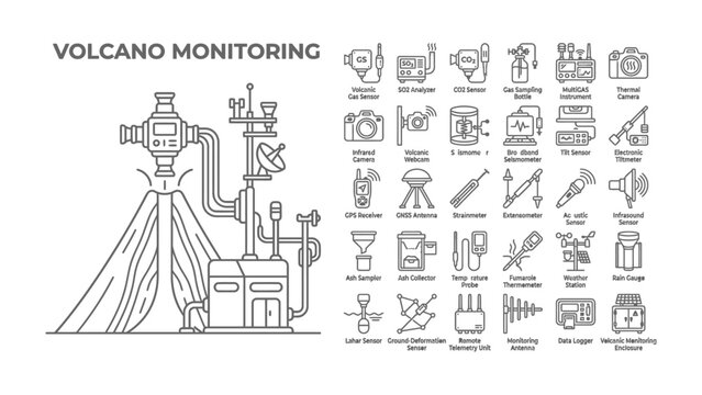 Volcano Monitoring Equipment: A detailed illustration depicting various scientific instruments and sensors used for monitoring volcanic activity, showcasing geological research and hazard assessment.