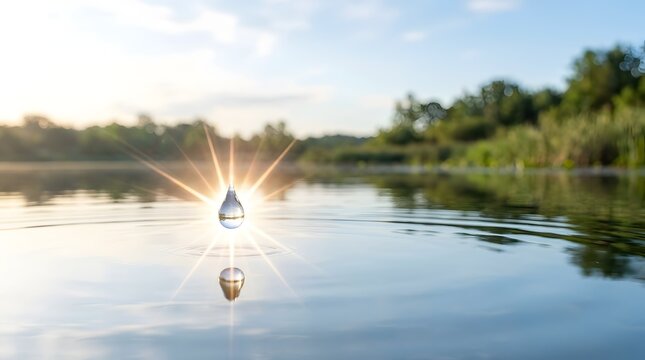 Glowing water droplet falling into calm lake surface with sunburst reflection