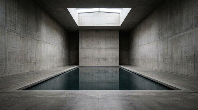 Minimalist concrete indoor reflection pool with overhead skylight