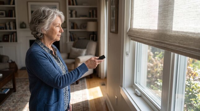 Older woman operating a motorized window blind with a remote