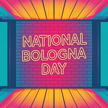 National bologna day neon sign on brick wall background with colorful wooden floor and ceiling perspective