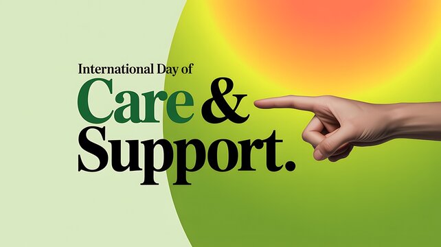 International day of care and support concept with human hand pointing at text