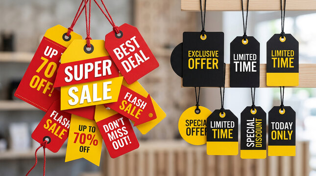 Red and yellow sale tags display discounts like "Super Sale" and "Up to 70% Off", symbolizing retail promotions and savings opportunities for consumers