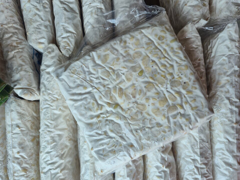 Raw Tempeh in Plastic Packaging Displayed at Market, Traditional Fermented Soybean Protein Food