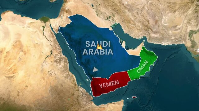 Animated map showing military strikes from Yemen to Saudi Arabia