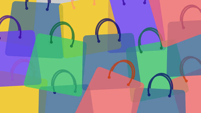A vibrant, modern, and minimalist abstract background featuring an array of colorful, semi-transparent shopping bags overlapping in a dynamic pattern, perfect for retail, sales, and consumerism themes