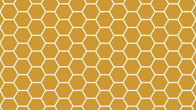 Modern seamless pattern featuring a clean, minimalist honeycomb grid of white hexagonal outlines on a warm golden-yellow background, ideal for contemporary design and attractive digital textures.