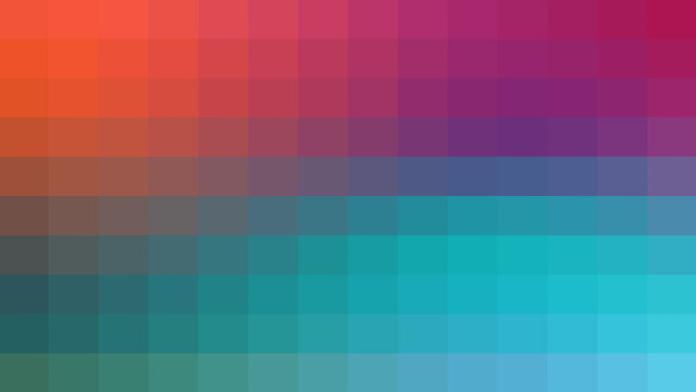 A contemporary and minimalist abstract background featuring a pixelated mosaic grid, showcasing a smooth color gradient that transitions seamlessly from warm orange and red to cool purple, blue