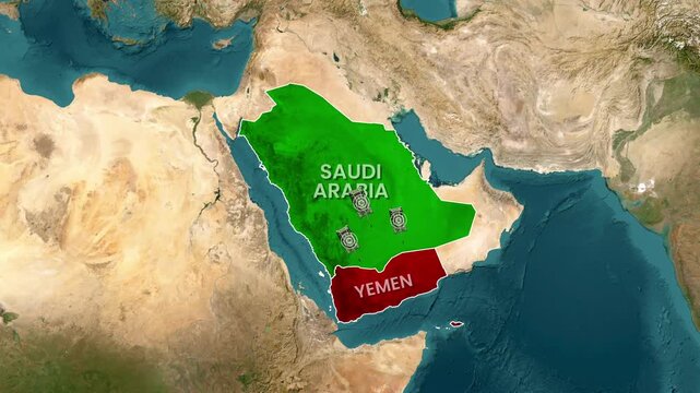Animated map showing military strikes from Saudi Arabia to Yemen