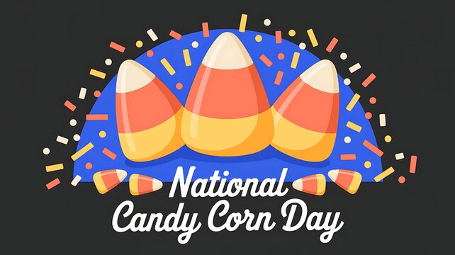 National candy corn day illustration with candy corn pieces and colorful confetti on a dark background