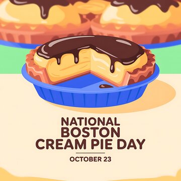 National boston cream pie day illustration with a delicious chocolate cream pie in a blue dish, october 23