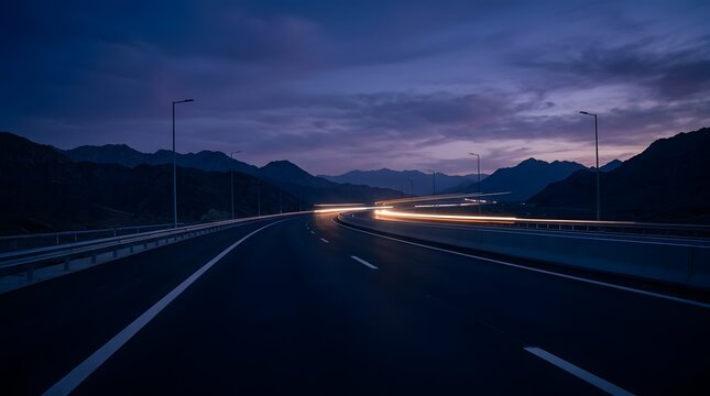 Long exposure light trails on a highway through mountains at dusk