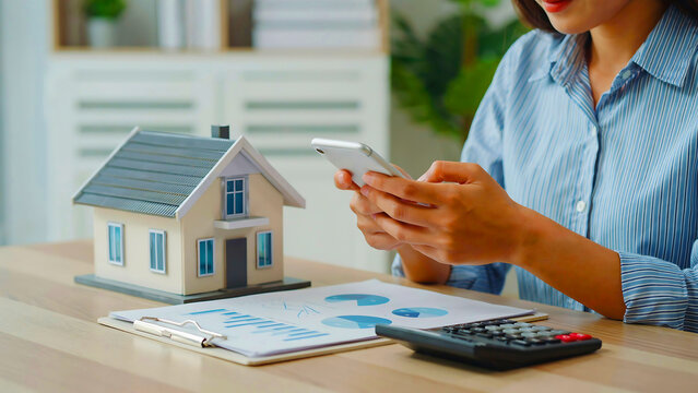 Woman with smartphone near house model and financial charts during home buying process