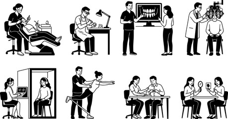 Fototapeta premium Set of medical professionals examining patients in various clinics