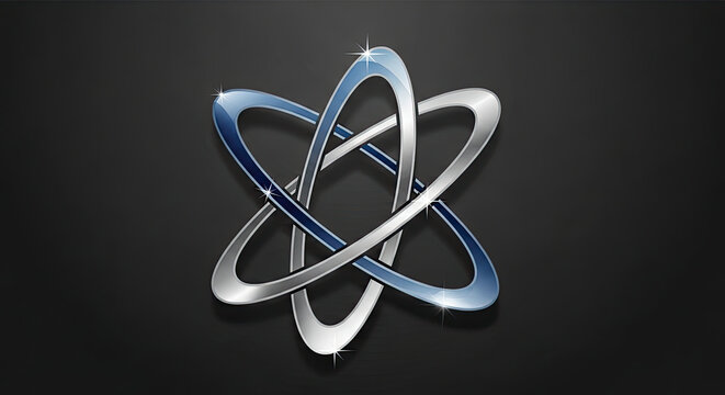 A stylized metallic atom symbol with glowing accents on a dark background.