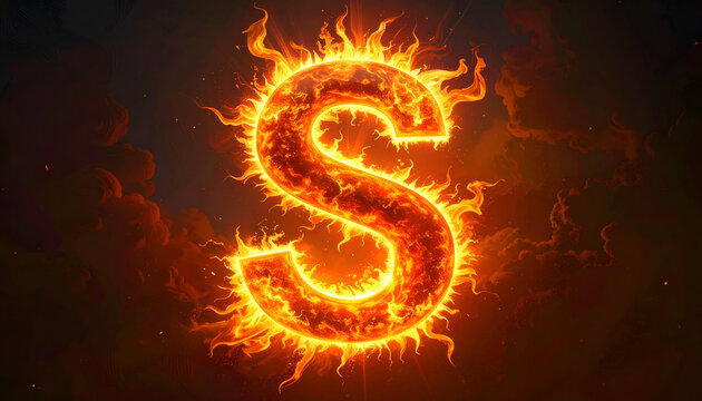 Fiery letter S emblem with glowing flames and smoke abstract solar sunburst symbol