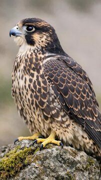 Alert hawk with mottled feathers perched on a lichen-covered rock