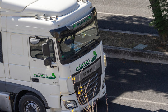 Daf logistica carosan semi-truck driving on asphalt road