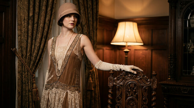 Elegant 1920s Flapper Woman in an Ornate Vintage Interior.