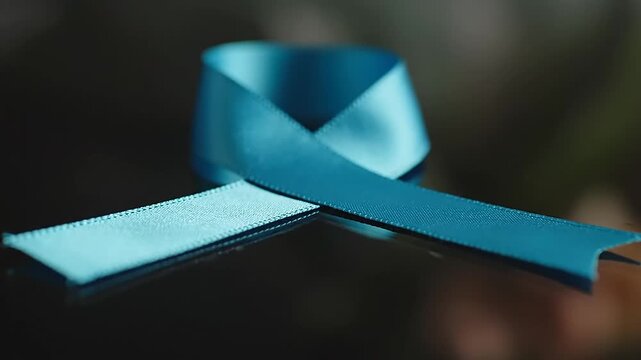 Teal ribbon reflected on glossy surface with slow camera push showing details and texture