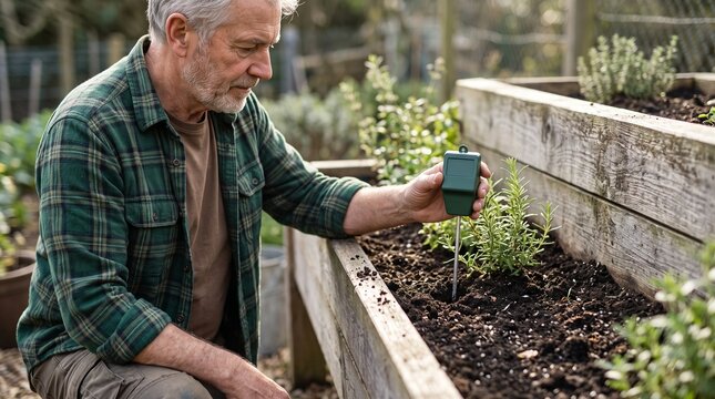 Older man placing a wireless soil sensor in a raised planter