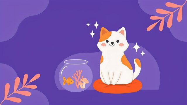 Cute cat sitting on a pillow next to a fishbowl with a goldfish and coral on a purple background