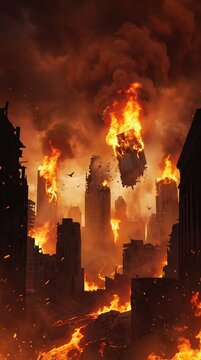 An image representing a destroyed city in a fire storm. Generative AI