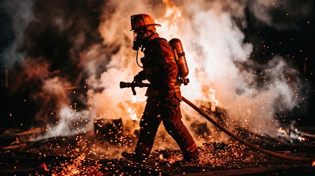firefighter training., fireman using water and extinguisher to fighting with fire flame in an emergency situation., under danger situation all firemen wearing fire fighter suit for safety. Generative 