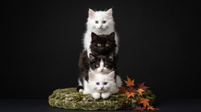 Three fluffy kittens stacked on a rock