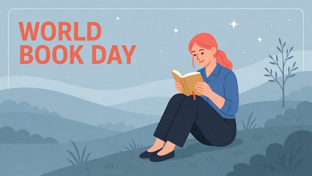 World book day illustration with a young woman reading a book while sitting in a peaceful landscape