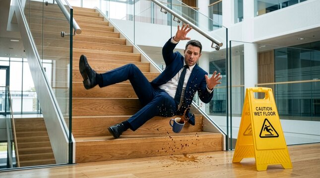 Businessman slipping and falling down office stairs with spilled coffee, hazard concept with caution wet floor sign. Corporate employee losing balance on wooden steps in office, generative AI