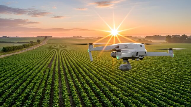Modern drone flying over green agricultural crop field at sunrise