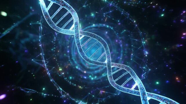 Glowing Blue DNA Helix in Digital Space with Abstract Connections