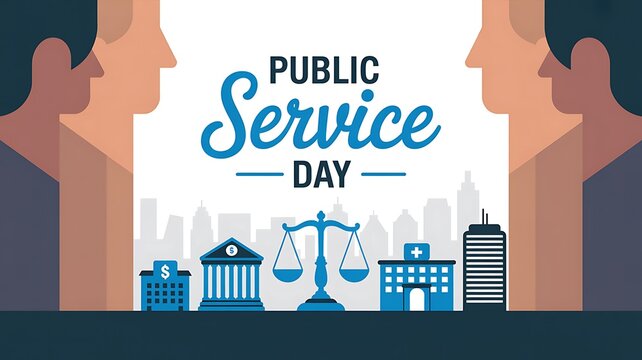 Public service day concept with silhouettes of people and icons of government institutions