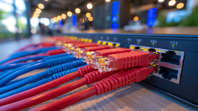 Professional network infrastructure with fiber optic cables plugged into optical ports and UTP Ethernet cables connected to RJ45 ports, close-up perspective of organized connections on a high-speed 