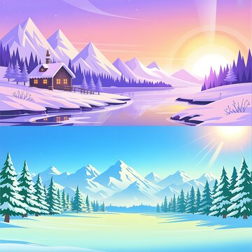 Winter landscape with a cozy cabin by a frozen river and a sunny mountain view with pine trees in the snow