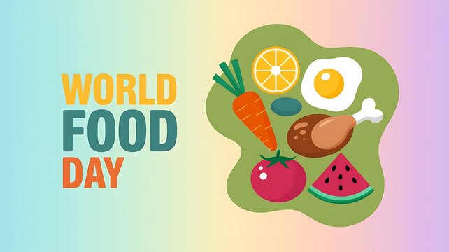 World food day poster design featuring healthy food icons like vegetables, fruits, egg, and meat on a green shape