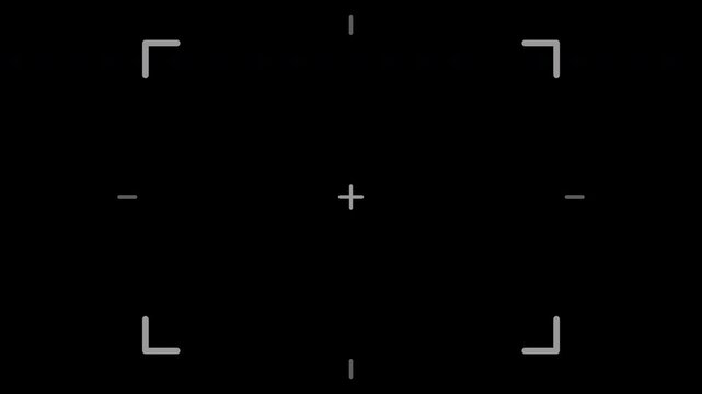 Minimal white focus brackets and crosshair animation on a black background for camera viewfinder overlay.