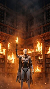 Android holding a flaming torch in a burning library. Humanoid ai robot standing in front of bookshelves on fire. Dystopian concept of destruction of knowledge and history