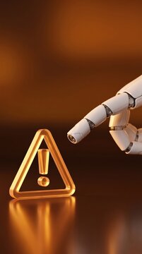 Artificial intelligence system alert concept with robotic hand touching glowing warning triangle representing automated error detection and cyber risk