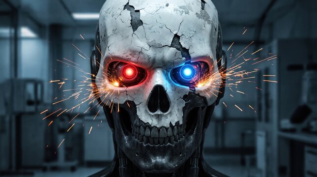 Close-up of terrifying AI robot face with cracked mask in abandoned laboratory, cinematic
