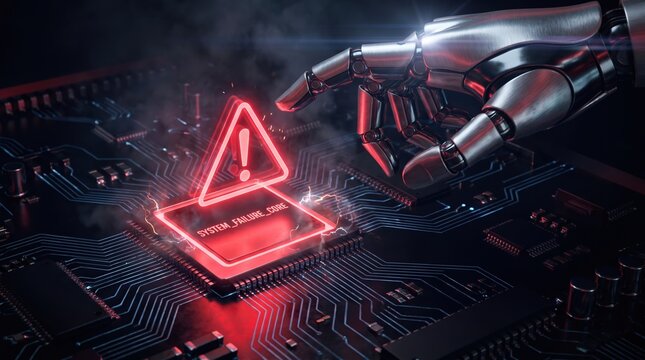 AI Artificial Intelligence Security Risk And Warning Concept With Robot Hand Touching Cyber Threat