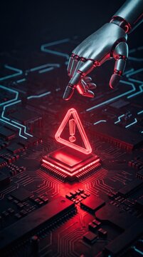 AI Artificial Intelligence Security Risk And Warning Concept With Robot Hand Touching Cyber Threat