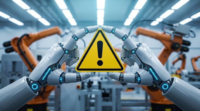 Futuristic robotic hand holds yellow warning sign with exclamation mark. Advanced AI robot shows caution alert in high tech factory. Cybernetic machine arm signals danger error during automation