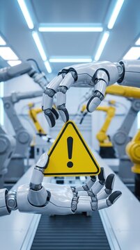 Futuristic robotic hand holds yellow warning sign with exclamation mark. Advanced AI robot shows caution alert in high tech factory. Cybernetic machine arm signals danger error during automation