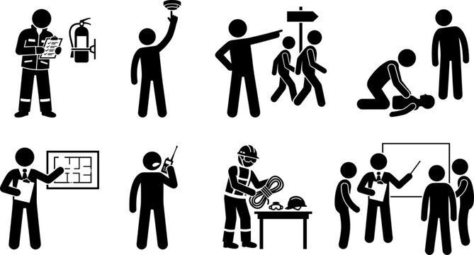 Set of safety and emergency icons featuring people performing various workplace safety tasks and procedures