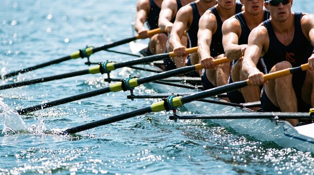 A competitive rowing scene, rowers in perfect sync during a regatta, water splashing. Generative AI.